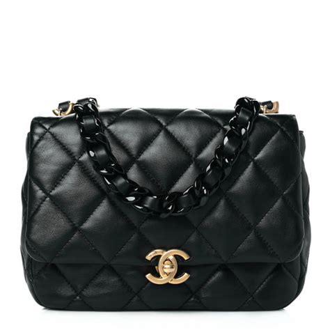 chanel lambskin quilted small lacquered chain flap black|chanel lambskin leather bag.